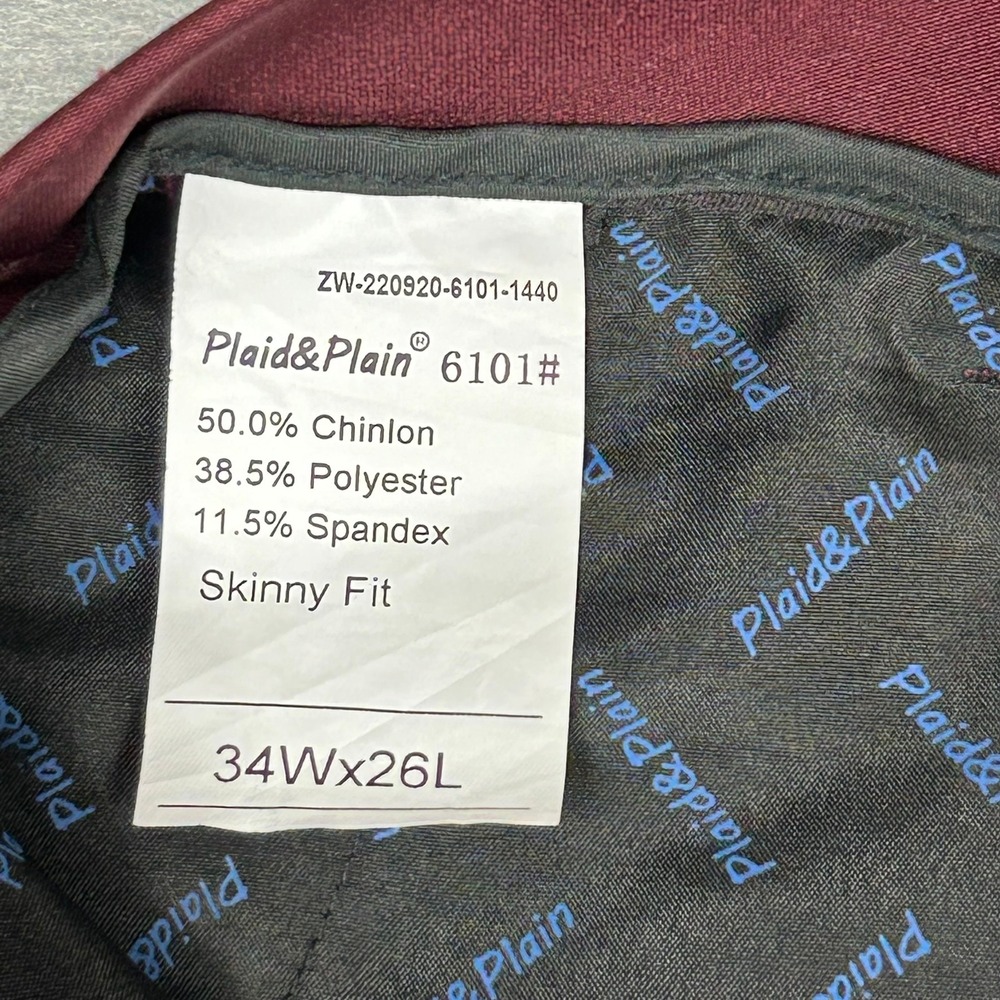 Plaid&Plain Dress Pants Skinny Fit Mens 34x26 Burgundy 6101# - Picture 5 of 12